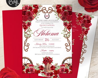 EDITABLE: Invitación de Quinceañera Charro Rojo, Floral Rojo Elegante, Vestido Charro, Botas Vaqueras Occidentales Rústicas, Plantilla de Quinceañera Rosa Roja