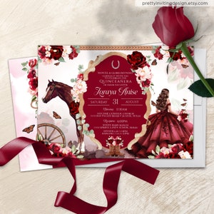 Borgogna Rosso Western Charro Quinceanera, Invito per il 15° compleanno, Invito per il Quinceañera Charra Rosso, Rustico Floreale Rosso Sweetheart Western V-H3