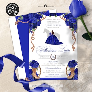 Convite Elegante Quinceañera Charro Azul Royal, Aniversário Ocidental Blue Charra, Cowboy Floral, Rosa Azul Cobalto Rancho Rústico Quinceanera V1