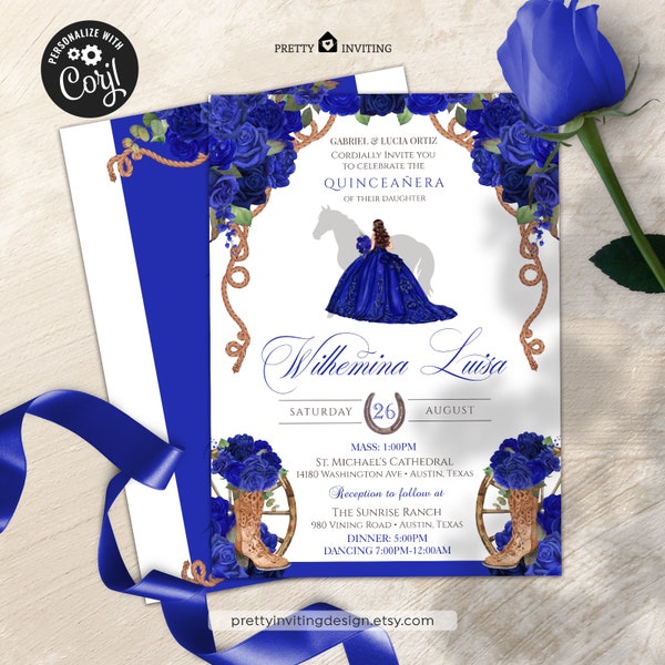 Royal Blue Charro Elegant Quinceañera Invitation, Blue Charra Western Birthday, Floral Cowboy, Cobalt Blue Rose Rustic Ranch Quinceanera V1