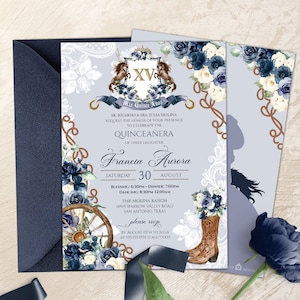 May include: A blue and white Quinceañera invitation with a floral design and a gold crown. The invitation features a horse and horseshoe design and the text "XV Mis Quince Anos". The invitation also includes the date and time of the event, as well as the location. The text on the invitation reads: "SR. RICARDO & SRA. JULIA MOLINA REQUEST THE HONOR OF YOUR PRESENCE TO CELEBRATE THE QUINCEAÑERA OF THEIR DAUGHTER Francia Aurora SATURDAY 30 AUGUST BLESSING: 6:30PM DINNER: 7:00PM DANCING: 8:30PM-12:00AM THE MOLINA RANCH 14919 SPARROW VALLEY ROAD SAN ANTONIO TEXAS please rsvp BY AUGUST 10TH TO JULIA AT 555.5555555 (CALL/TEXT)"