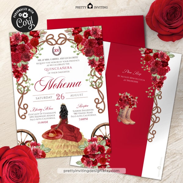 EDITABLE: Red Charro Quinceañera Invitation, Fancy Red Floral, Red Gold Charra Vestido, Rustic Red Charro Western Quinceanera Template - V3