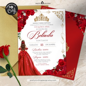EDITABLE- Elegant Red Rose Quinceanera, Luxe Red and Gold Tiara 15th Birthday Invite, Red & Gold Vestido Red Gown Quinceañera Invitation V4