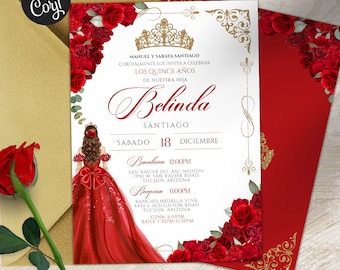 EDITABLE- Elegant Red Rose Quinceanera, Luxe Red and Gold Tiara 15th Birthday Invite, Red & Gold Vestido Red Gown Quinceañera Invitation V4