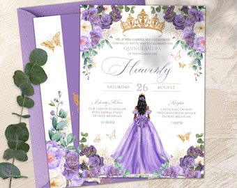 Light Purple Floral Princess Quinceaera, Lilac Gown Gold Butterfly 15th  Birthday, Lavender Purple Rose & Gold Quinceanera Invitation V4 - Etsy