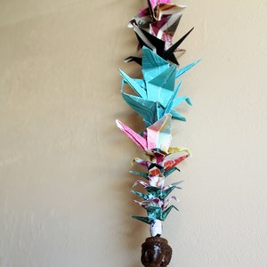 Blue and Pink Hanging Paper Crane Strand with Jasper Pendant