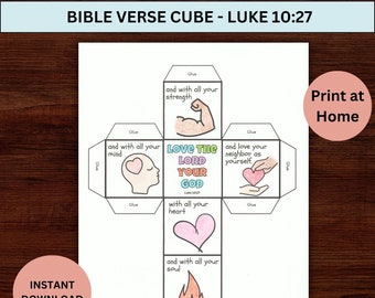 May include: Printable black and white cube template with a Bible verse from Luke 10:27. The cube has six sides with illustrations and text. The text includes "Love the Lord your God" and "with all your heart".