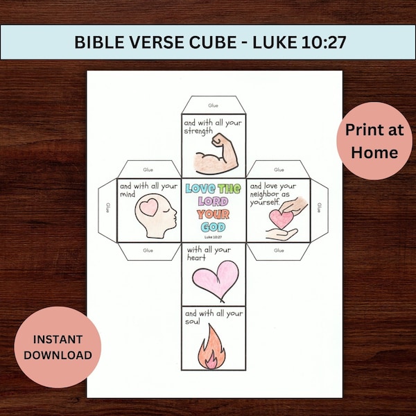 Sunday School Coloring Cube Craft Printable, Childrens Ministry Activity, Luke 10:27 Bible Verse Lesson, Homeschool Christian Education