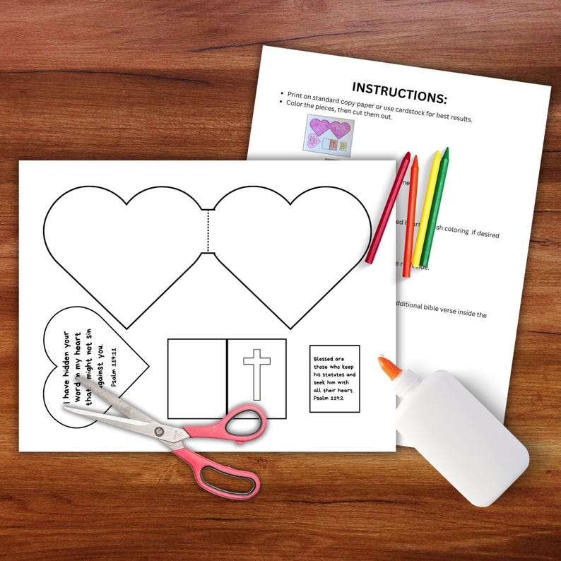 May include: Printable craft template for a heart-shaped card with a cross and bible verses. The template includes instructions to color, cut, and assemble the card. The verses are "I have hidden your word in my heart that I might not sin against you. Psalm 119:11" and "Blessed are those who keep his statutes and seek him with all their heart. Psalm 119:2".
