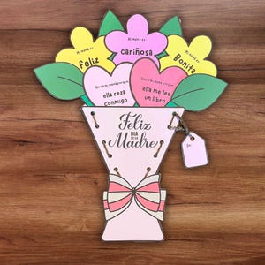 Buquê de flores para colorir e costurar no Dia das Mães Espanhol, atividade de Feliz Dia das Mães, presente de lembrança, material para imprimir na creche da escola dominical