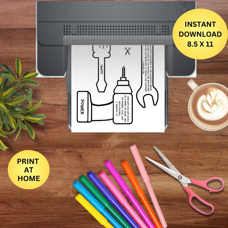 May include: A black and white printable featuring tools and inspirational text, including a hammer labeled "POWER" and a wrench. The image is 8.5 x 11 inches and includes the text "Instant Download" and "Print at Home".