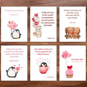 Biglietti d'aula per San Valentino cristiano, versetti della Bibbia stampabili per San Valentino, appunti per la scatola del pranzo con le scritture religiose dell'amore di Dio per bambini