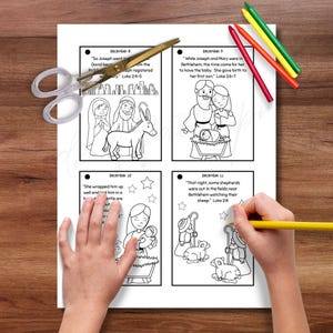 Tarjetas de historias de Adviento, actividad con versículos bíblicos, calendario de Adviento de la Natividad de Navidad imprimible, escuela dominical para educación en el hogar, actividad para colorear del nacimiento de Jesús imagen 6