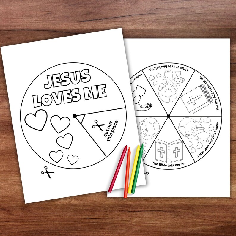 Ruota da colorare "Gesù mi ama", attività biblica stampabile per San Valentino, lezione biblica per la scuola domenicale, lavoretto sull'amore di Gesù per la scuola cristiana in casa immagine 3