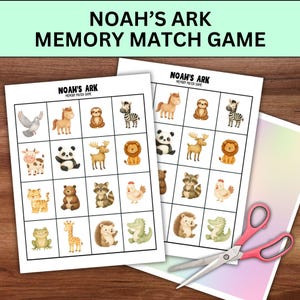 May include: Two sheets of a "Noah's Ark Memory Match Game" with animal illustrations. The game sheets feature a grid of colorful animals, including a zebra, panda, and lion. The title "NOAH'S ARK MEMORY MATCH GAME" is printed at the top.