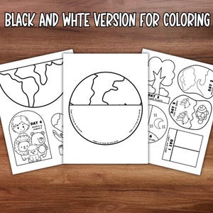 May include: Black and white coloring pages with the text "BLACK AND WHITE VERSION FOR COLORING". The pages include illustrations of the Earth, animals, plants, fish, birds, and the sun and moon.