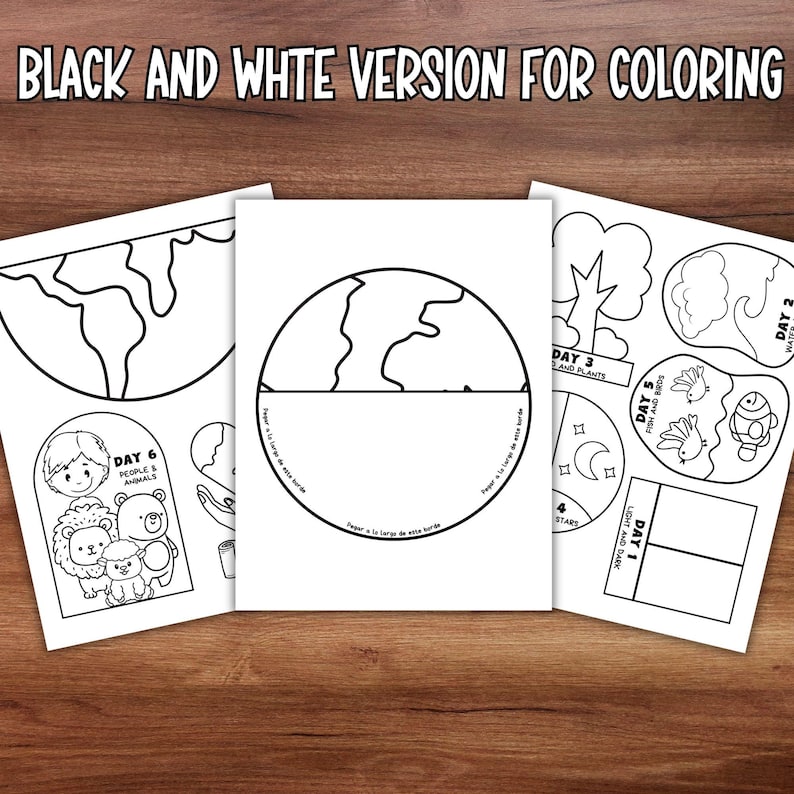 May include: Black and white coloring pages with the text "BLACK AND WHITE VERSION FOR COLORING". The pages include illustrations of the Earth, animals, plants, fish, birds, and the sun and moon.