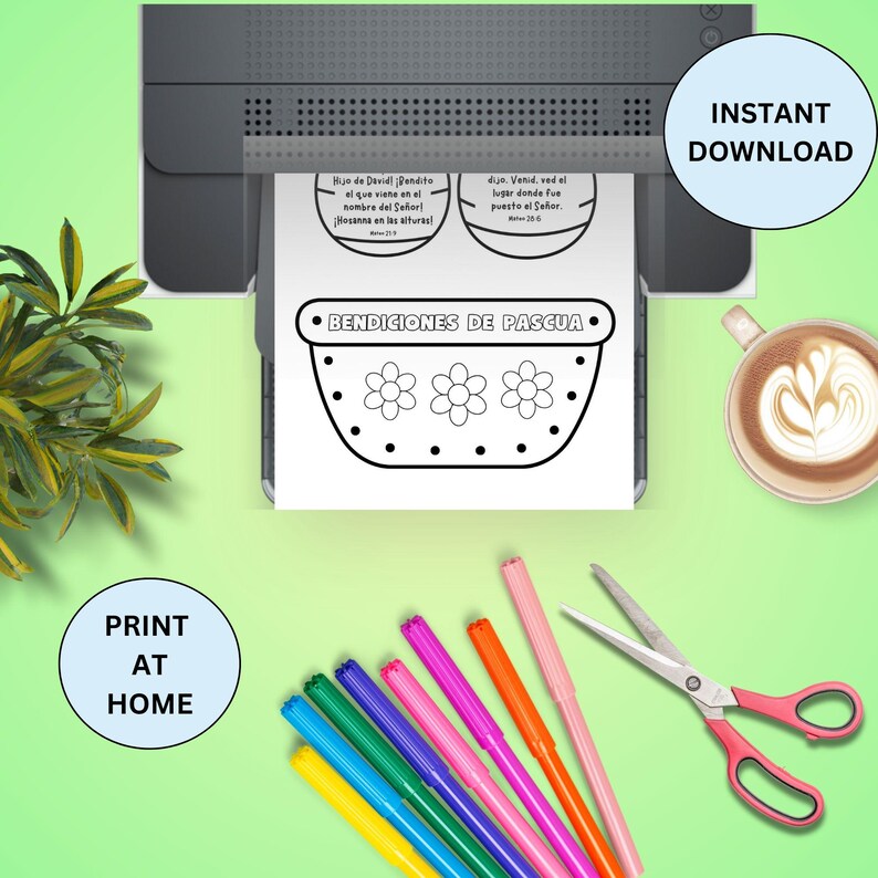 May include: Printable Easter basket coloring page with the Spanish text "Bendiciones de Pascua" and two small circles with Spanish text. The page is on a printer with colorful markers and scissors nearby.