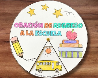 Ruota da colorare con preghiere per il ritorno a scuola in spagnolo, preghiera per il primo giorno di scuola stampabile, attività cristiana per la scuola domenicale, benedizioni per lo zaino.