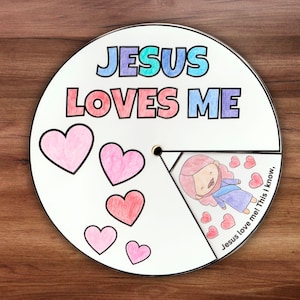 Ruota da colorare "Gesù mi ama", attività biblica stampabile per San Valentino, lezione biblica per la scuola domenicale, lavoretto sull'amore di Gesù per la scuola cristiana in casa immagine 1