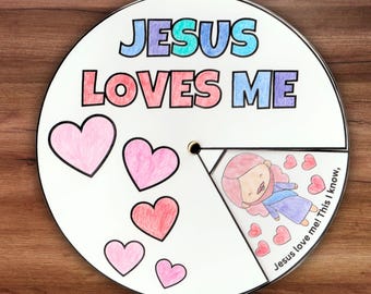 Rueda para colorear "Jesús me ama", actividad bíblica imprimible de San Valentín, lección bíblica para la escuela dominical, manualidad de Jesús en la escuela cristiana de educación en casa