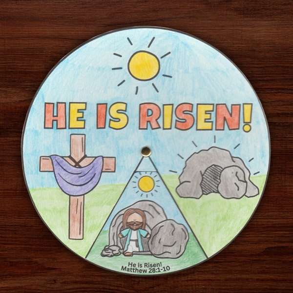 Easter Sunday School Craft, He Is Risen Bible Story Coloring Wheel, Holy Week Bible Activity, Printable Spinner Wheel Kids Scripture Lesson