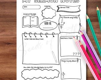 Sermon Notes Printable For Kids, Childrens Church Sunday School Activity, Kids Bible Study, Elementary Teen Church Worship Service Worksheet