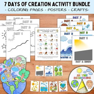 Puede incluir: Un paquete de actividades de los 7 días de la creación con páginas para colorear, pósteres y manualidades. El set incluye contornos en blanco y negro, una hoja de búsqueda del tesoro e ilustraciones coloridas de sol, luna y tierra.