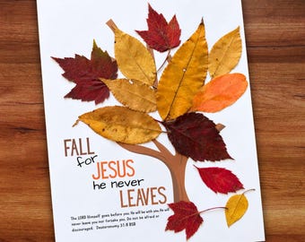 Fall For Jesus He Never Leaves Sunday School Bible Craft Activity Printable, Fall Handprint Fingerprint Art, Christian Preschool Craft