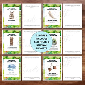Op de afbeelding: Een printbaar activiteitenboek voor kinderen met 32 pagina's met natuurthema's. Het boek bevat kleurrijke illustraties van dieren, planten en natuurlijke elementen. De titel van het boek is "Gods schepping verkennen".