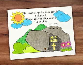 Christian Easter Sunday School Bible Coloring Craft, He is Risen Empty Tomb Activity, Easter Sunday Religious Education Homeschool Printable