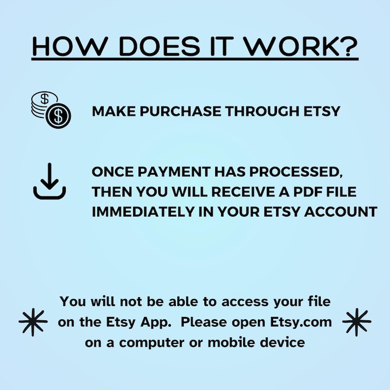 May include: A light blue graphic with the text "HOW DOES IT WORK?" and instructions for purchasing a PDF file on Etsy. The steps include making a purchase, receiving the file, and accessing it on a computer or mobile device.
