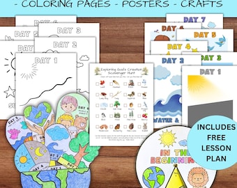 Days Of Creation Bible Story Printables Bundle, Sunday School Homeschool Creation Activities, In The Beginning Genesis Lesson Crafts Posters