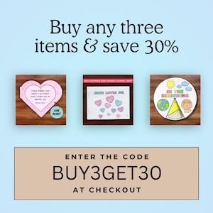 May include: An image with three small, square wooden blocks, each displaying a different craft project. The top text reads "Buy any three items & save 30%". The bottom text reads "ENTER THE CODE BUY3GET30 AT CHECKOUT".