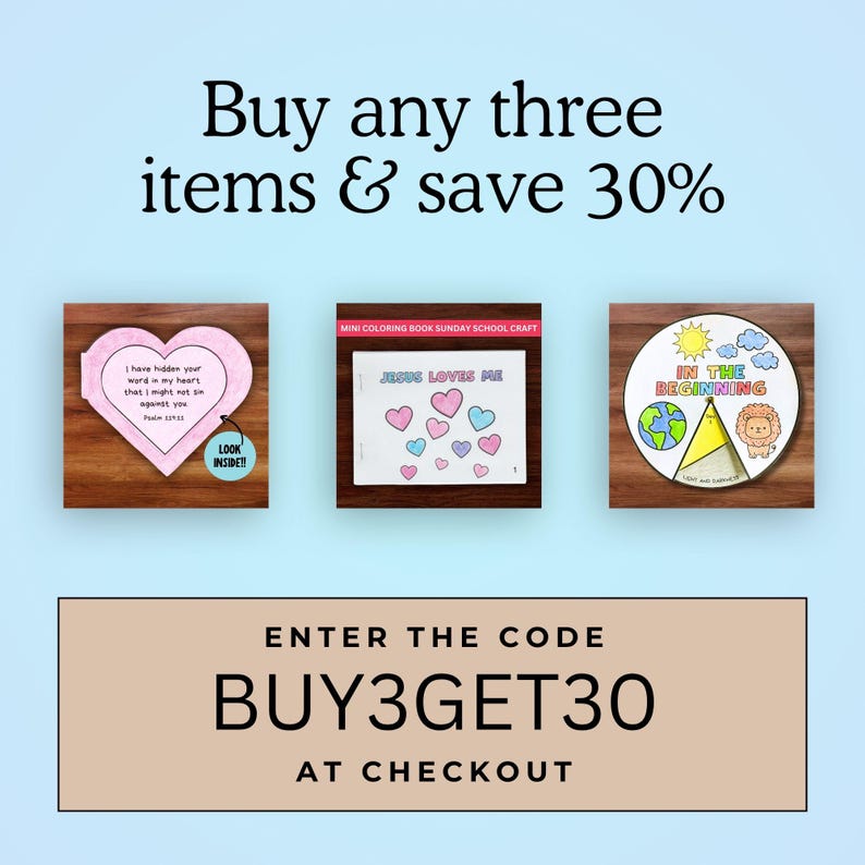 May include: An image with three small, square wooden blocks, each displaying a different craft project. The top text reads "Buy any three items & save 30%". The bottom text reads "ENTER THE CODE BUY3GET30 AT CHECKOUT".