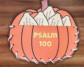 Action de grâces Psaume 100 verset de la Bible citrouille couture artisanat NIV KJV École du dimanche chrétienne École à la maison Coloriage À lacets Activité d'automne Imprimable
