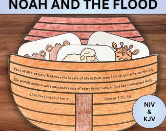 Noah and the Flood Bible Lesson and Craft, Noah's Ark Sunday School VBS Coloring Activity Printable, Homeschool Religious Ed Bible Story