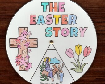 Easter Story Sunday School Craft, Easter Spinner Wheel, Easter Activity, Holy Week for Kids, Easter Story Coloring Wheel, Kids Easter Lesson