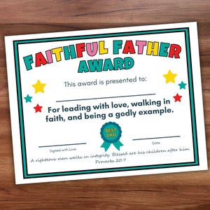 Treue Vaterpreis Urkunde zum Ausdrucken für Christian Dad, Vatertagsgeschenk Färbung Aktivität für Kinder, Sonntagsschule Homeschool Craft