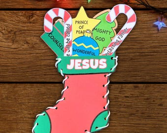 Manualidad bíblica navideña con los nombres de Jesús, medias, costura, actividades de Adviento para la escuela dominical, proyecto religioso navideño para educación en casa imprimible