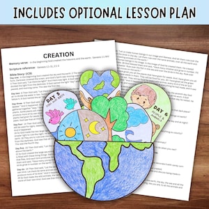 May include: A colorful, heart-shaped craft with drawings of the Earth, sun, moon, trees, and animals. The craft is surrounded by pages of text, including the words "CREATION" and "OPTIONAL LESSON PLAN."