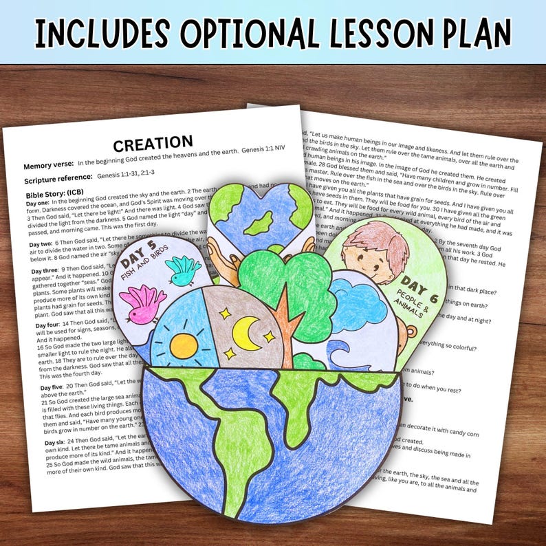 May include: A colorful, heart-shaped craft with drawings of the Earth, sun, moon, trees, and animals. The craft is surrounded by pages of text, including the words "CREATION" and "OPTIONAL LESSON PLAN."