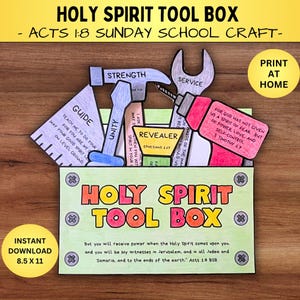 May include: A colorful, illustrated Holy Spirit Tool Box craft for Sunday School. The design includes tools labeled with words like "Strength" and "Service," and Bible verses. The text reads "Instant Download 8.5 x 11" and "Print at Home."