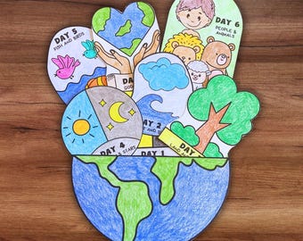Days Of Creation Bible Story Coloring Craft For Kids, Sunday School Christian Homeschool Activity Printable, In The Beginning Genesis Lesson