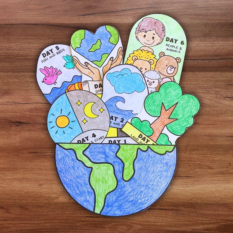May include: A colorful, hand-drawn illustration depicting the creation of the world. The artwork includes images of the earth, sun, moon, stars, fish, birds, animals, and people. Text labels include "Day 1", "Day 2", "Day 4", "Day 5", and "Day 6".