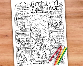 Daniel and the Lions Den Coloring Page, Old Testament Bible Study Activity,  Sunday School Homeschooling Children's Ministry Bible Story