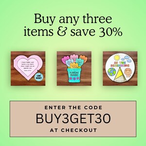 May include: An image with three colorful, illustrated cards on a wooden background. The cards feature text and designs related to faith and prayer. The text "Buy any three items & save 30%" is at the top, and "ENTER THE CODE BUY3GET30 AT CHECKOUT" is at the bottom.