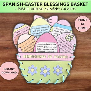 May include: A colorful Easter basket craft with a sewing activity. The basket is made of paper and has a green, yellow, and blue design. The basket is filled with six colorful eggs, each with a different Spanish Easter blessing printed on it. The text on the eggs reads: "Y la gente que iba delante y la que iba", "Porque de tal manera am&oacute;-Dios al mundo. que ha dado a su Hijo", "Por tanto, id. y haced disc todas", "No est&aacute; aqu&iacute;, pues ha resucitado, come", "que si confesares con tu boca que Jes&uacute;s es el Se&ntilde;or, y creyeres en tu coraz&oacute;n que Dios le", "Le dijo Jes&uacute;s: Yo soy la resurrecci&oacute;n y la vida: el que cree aunque es". The basket is labeled "BENDICIONES DE PASCUA".