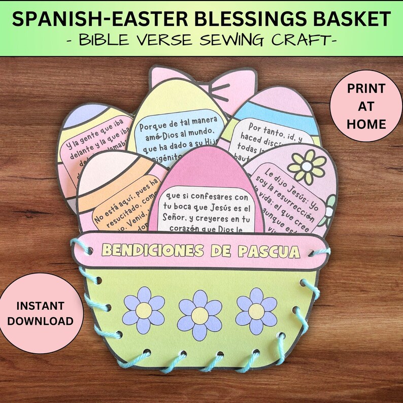 May include: A colorful Easter basket craft with a sewing activity. The basket is made of paper and has a green, yellow, and blue design. The basket is filled with six colorful eggs, each with a different Spanish Easter blessing printed on it. The text on the eggs reads: "Y la gente que iba delante y la que iba", "Porque de tal manera am&oacute;-Dios al mundo. que ha dado a su Hijo", "Por tanto, id. y haced disc todas", "No est&aacute; aqu&iacute;, pues ha resucitado, come", "que si confesares con tu boca que Jes&uacute;s es el Se&ntilde;or, y creyeres en tu coraz&oacute;n que Dios le", "Le dijo Jes&uacute;s: Yo soy la resurrecci&oacute;n y la vida: el que cree aunque es". The basket is labeled "BENDICIONES DE PASCUA".