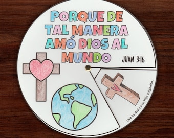 Spanish Juan 3:16 Sunday School Coloring Wheel, Printable Children's Bible Lesson Activity, Christian School VBS Coloring Cutting Craft